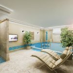 Ghivece cu copaci interiori lângă piscină